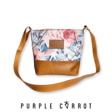 Pink & blue floral & caramel leather bag